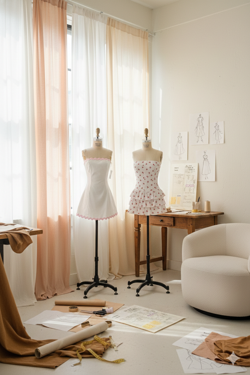 Fashion design studio with draped fabrics and sketches
